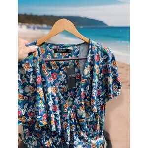 Lauren Ralph Lauren BlackLabel Faux Wrap Peplum Top Knit V-Neck Floral Sz XL NWT
